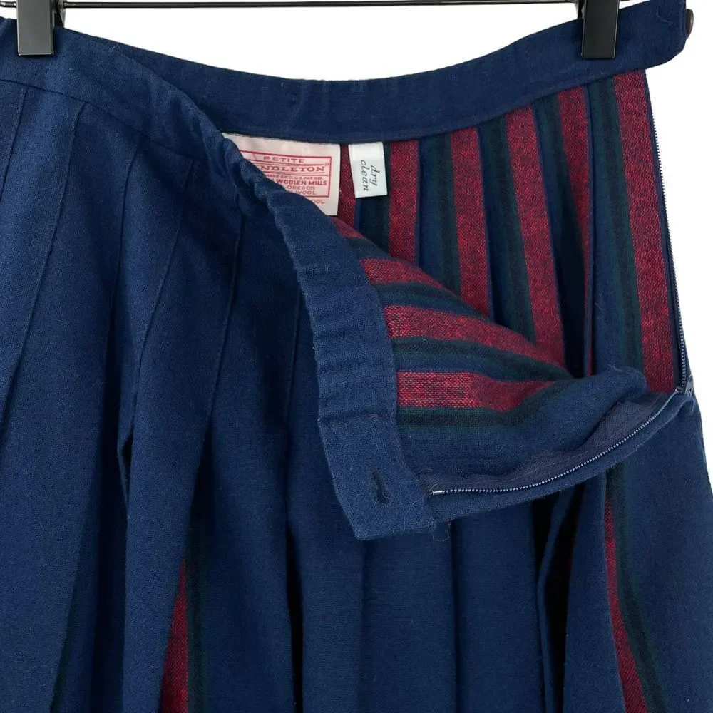 Vintage Pendleton Wool Skirt Pleated Accordion Midi Length Navy Red Plaid | 6 P